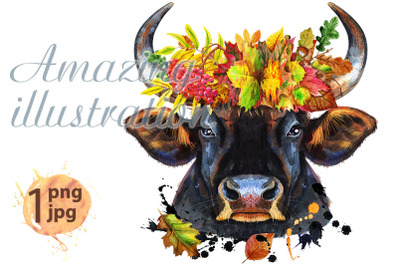 Watercolor illustration of black powerful bull in wreath of autumn lea