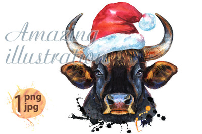 Watercolor illustration of black powerful bull in Santa hat