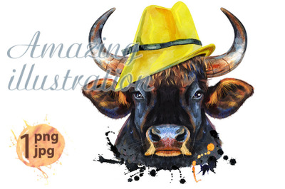 Watercolor illustration of black powerful bull in yellow hat