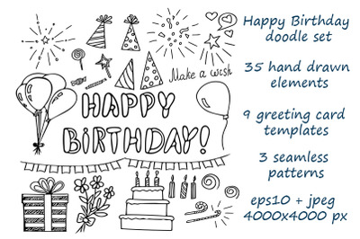 birthday doodle set hand drawn elements vector