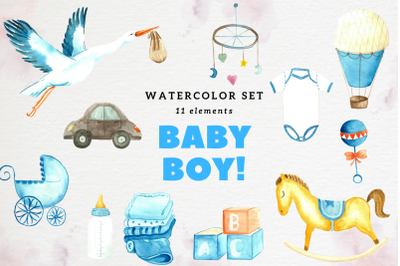 Baby Boy Watercolor Clip Arts, Baby Shower Cliparts, Watercolor Baby