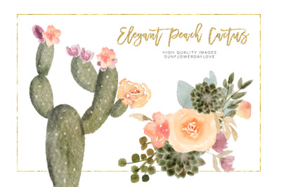 Elegant Peach Succulent Clipart Set, Watercolor Cactus Flower