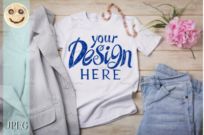 Womens T-shirt mockup with jeans and striped blazer.