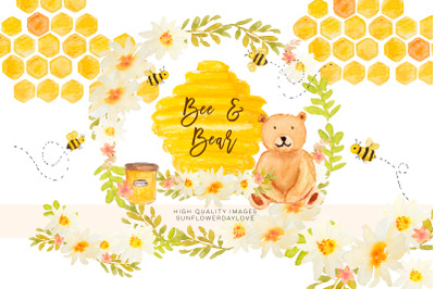 Watercolor bees and honey clipart&2C; bee bear clipart&2C;