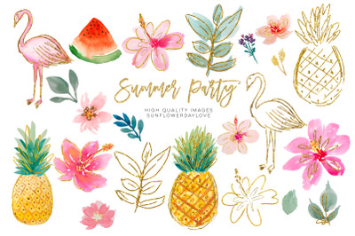 Tropical Clip Art, Flamingos Watercolor Summer Clipart Set, Pineapple