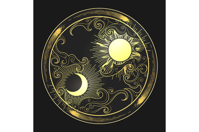 Hand Drawn Sun and Moon in Engraving Oriental Style