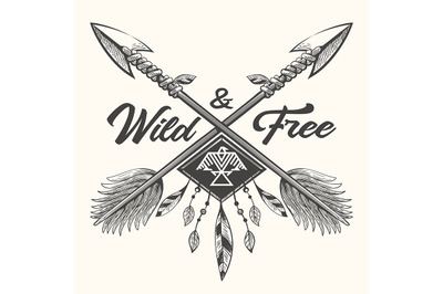 Hand Drawn Emblem with Crossed Arrows and Lettering Wild and Free