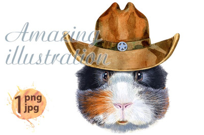 Watercolor portrait of abyssinian guinea pig in cowboy hat