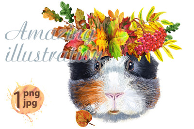 Watercolor portrait of abyssinian guinea pig with wreath of leaves