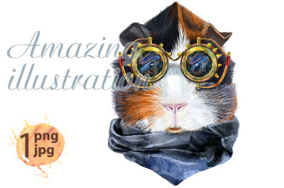Watercolor portrait of abyssinian guinea pig with steampunk glasses