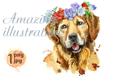 Watercolor portrait of golden retriever with freesia wreath