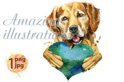 Watercolor portrait of golden retriever with green heart