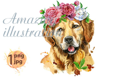 Watercolor portrait of golden retriever with flower