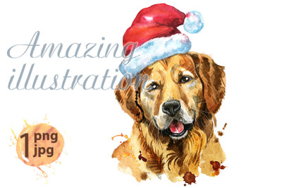 Watercolor portrait of golden retriever with Santa hat