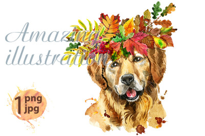 Watercolor portrait of golden retriever with wreath of leaves