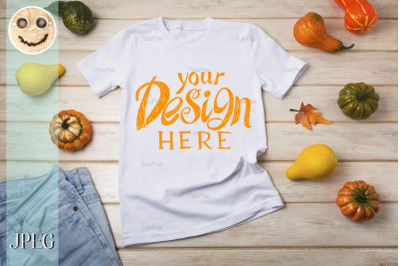 Unisex T-shirt mockup with pumpkins.
