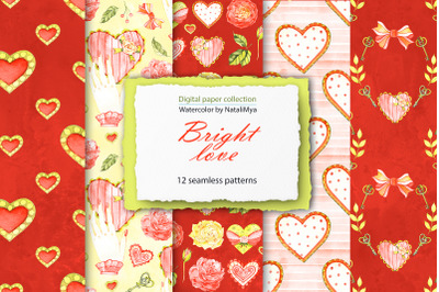 Watercolor hearts digital paper pack