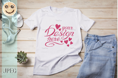 Womens T-shirt mockup with silver heels sandals.