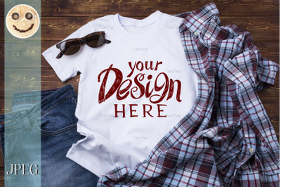 Mens T-shirt mockup with checkered shirt.