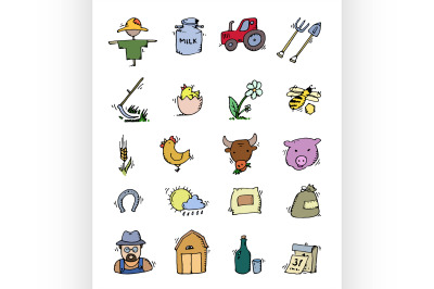 Colored Hand drawn Farm icon set