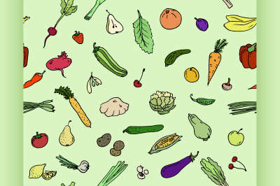 Seamless pattern Fruits and vegetables Sketch set