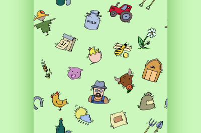 Seamless pattern Hand drawn Farm icon set