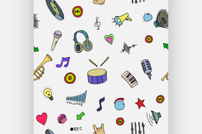 Music Doodle symbols. Seamless pattern.