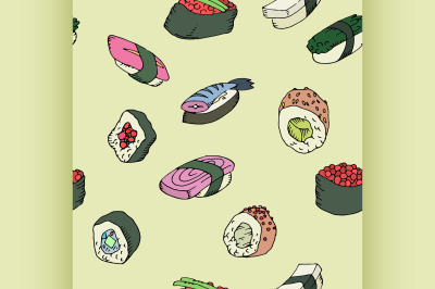 Sushi and rolls seamless pattern