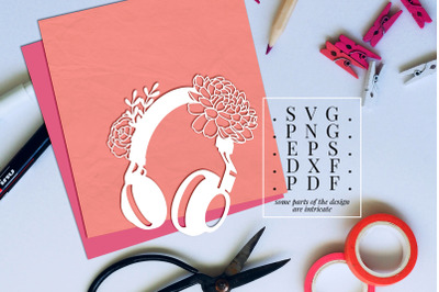 Headphone 3 Papercut Template, Spring Floral Vinyl, SVG, PDF