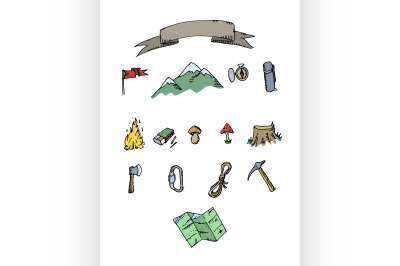 Hand drawn colored camping adventure set . Doodle elements.