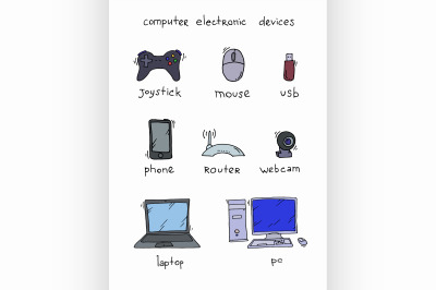 and drawn doodles of electronic gadgets and devices.