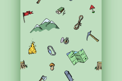 Seamless pattern hand drawn camping adventure set . Doodle elements.