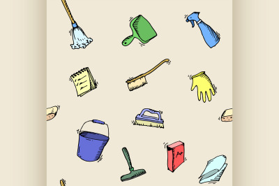 Seamless doodle pattern of house cleaning icons