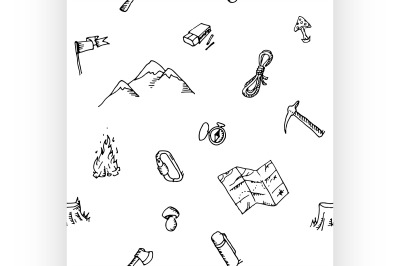 Seamless pattern hand drawn camping adventure set . Doodle elements.