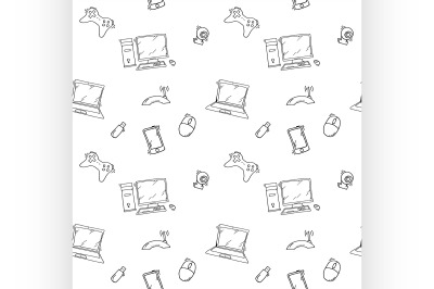 A vector seamless pattern of hand drawn doodles of electronic gadgets