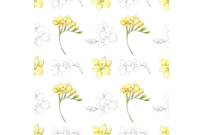 Beautiful freesia blossom watercolor and pen ink seamless pattern
