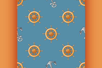 Nautical or marine themed seamless pattern with anchor and helm