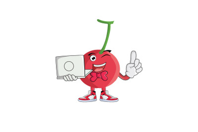 Cherry Fruit with Laptop Cartoon Character Design