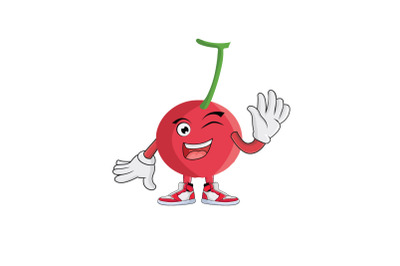 Cherry Fruit Wink While Greeting Wave Cartoon Character Design