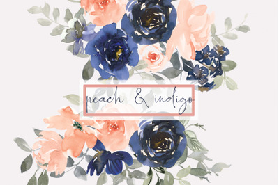 Indigo and Peach Watercolor Floral Clipart Collection