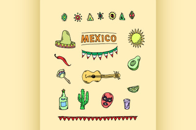 Hand drawn vector set of mexican symbols