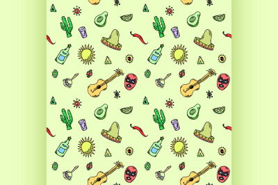 Hand drawn Seamless pattern vector set of mexican symbols