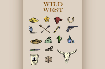 Hand drawn Wild West icons set