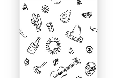 Hand drawn Seamless pattern vector set of mexican symbols