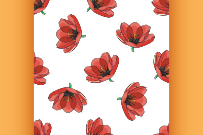 Red tulips pattern. Spring bunch of flowers.