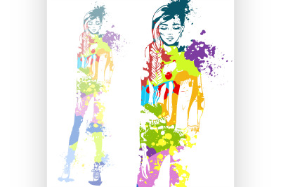 trendy look girl with color splashes