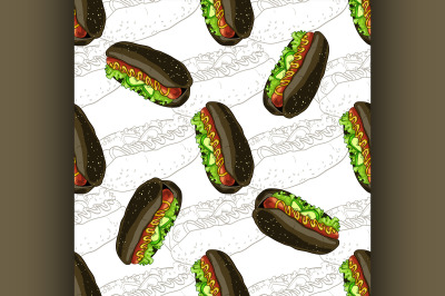 Seamless pattern hot dog scetch and color