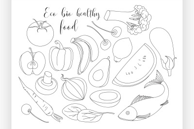 Various of hand drawn Eco bio healthy food