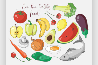 Various hand drawn Eco bio healthy food