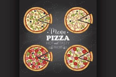 Four types of color pizza on a black board